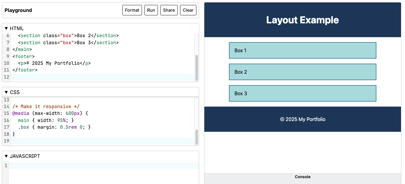 Screenshot of MDN Playground demonstrating a styled, media-query responsive layout with defined block boxes.