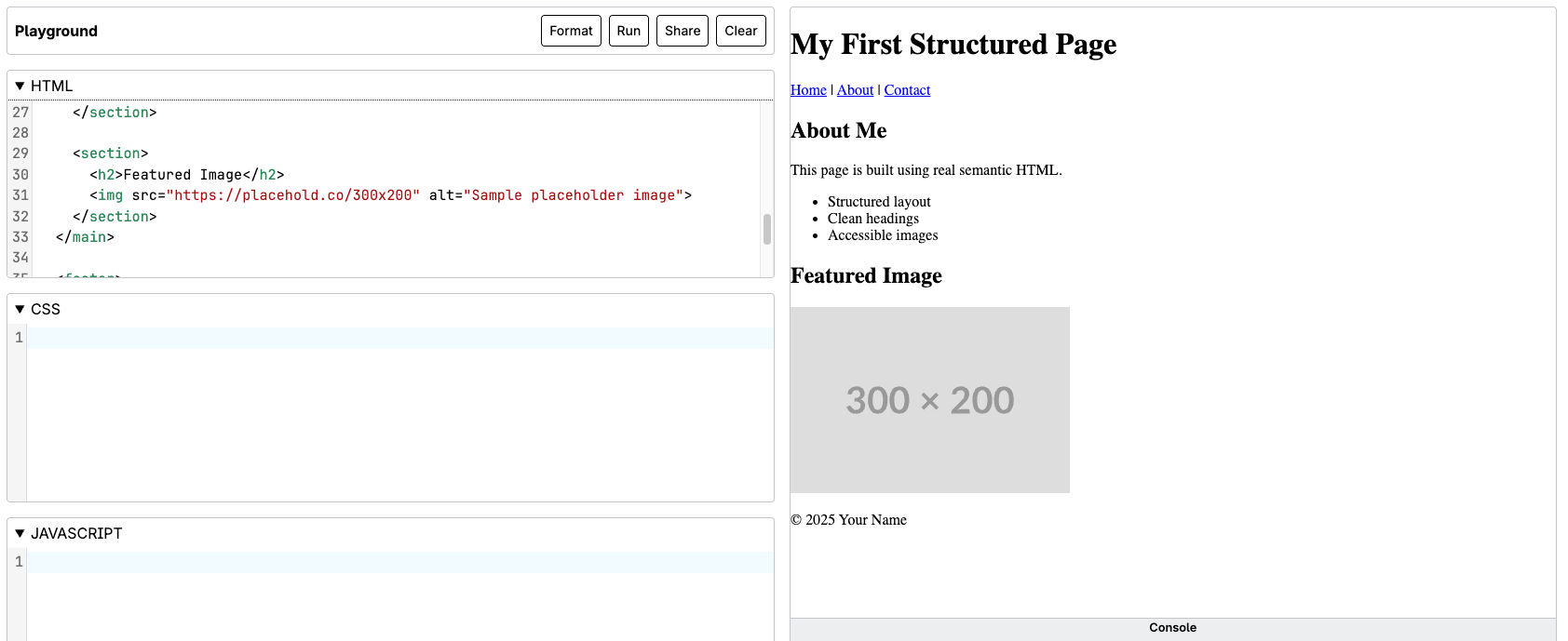 Screenshot of MDN Playground showing a structured webpage with sections, a list, and a 300x200 placeholder image.