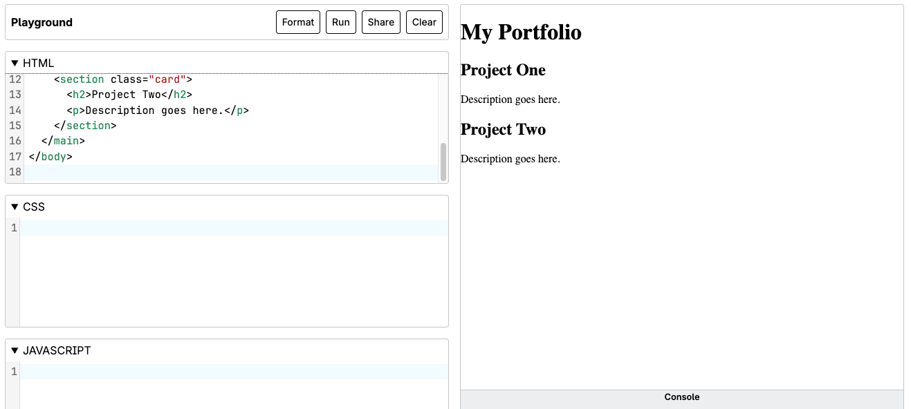 Screenshot of MDN Playground displaying a portfolio page layout with two unstyled project description blocks.