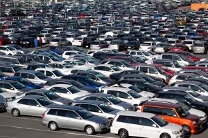 Hundreds of cars parked in a HAA Kobe parking lot in Japan