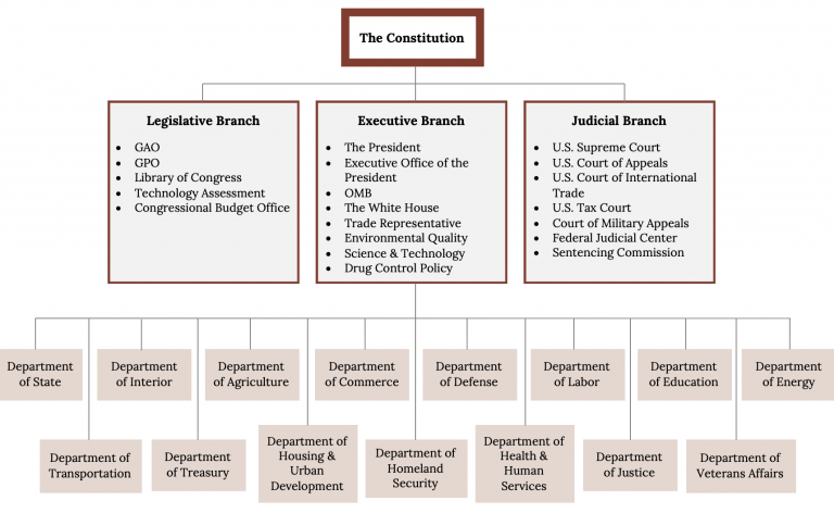Organizational structure. 'The Constitution' is at the top. Beneath it: The Legislative Branch (GAO, GPO, Library of Congress, Technology Assessment, Congressional Budget Office), Judicial Branch (U.S. Supreme Court, U.S. Court of Appeals, U.S. Court of International Trade, U.S. Tax court, Court of Military Appeals, Federal Judicial Center, Sentencing Commission), Executive Branch (The President, Executive Office of the President, OMB, The White House, Trade Repreentative, Environmental Quality, Science & Technology, Drug Control Policy). Underneath the Executive Branch is 15 Departments: State, Interior, Agriculture, Commerce, Defense, Labor, Education, Energy, Transportation, Treasury, Housing & Urban Development, Homeland Security, Health & Human Services, Justice, Veterans Affairs.