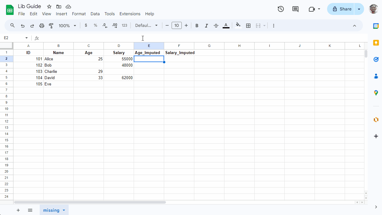  Imputation
Google Sheets and Microsoft Excel