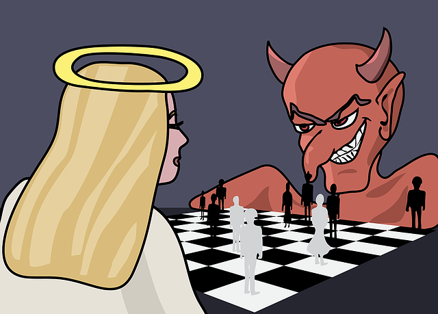 Illustration of an angel and a devil playing chess with human-shaped game pieces on a chessboard.