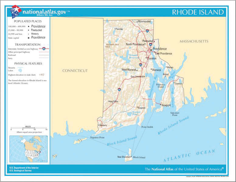 Map of Rhode Island from the National Atlas showing populated places, transportation routes, and physical features.