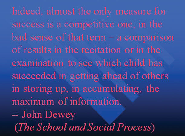 Text quote by John Dewey regarding competition and success in education on a blue background.